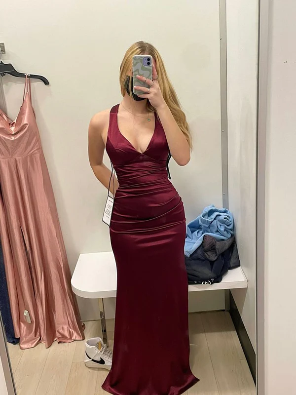 Dark Green V Neck Halter Mermaid Satin Long Prom Dress MD7340