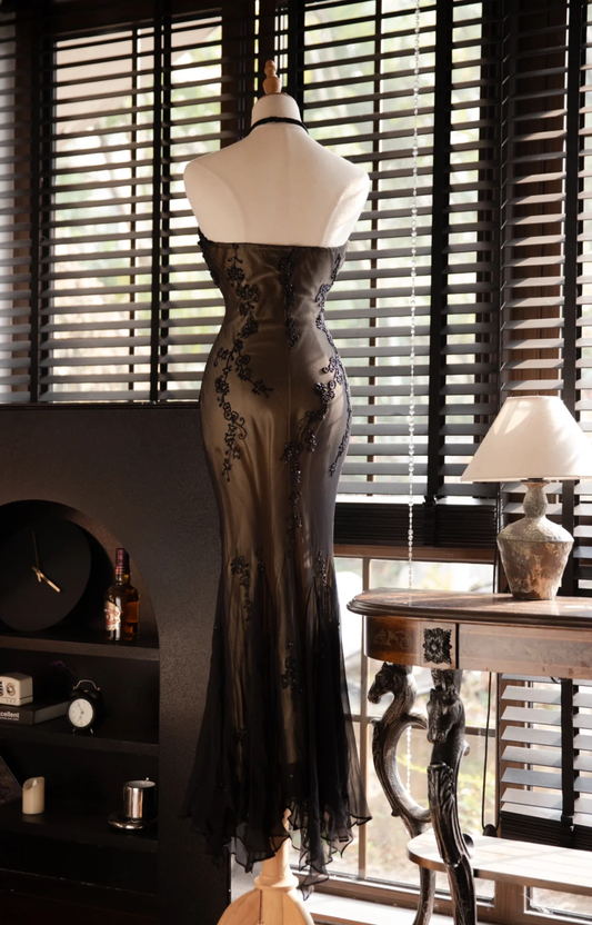 Vintage Black Applique Design Elegant Chiffon Evening Dress Prom Dress D1514