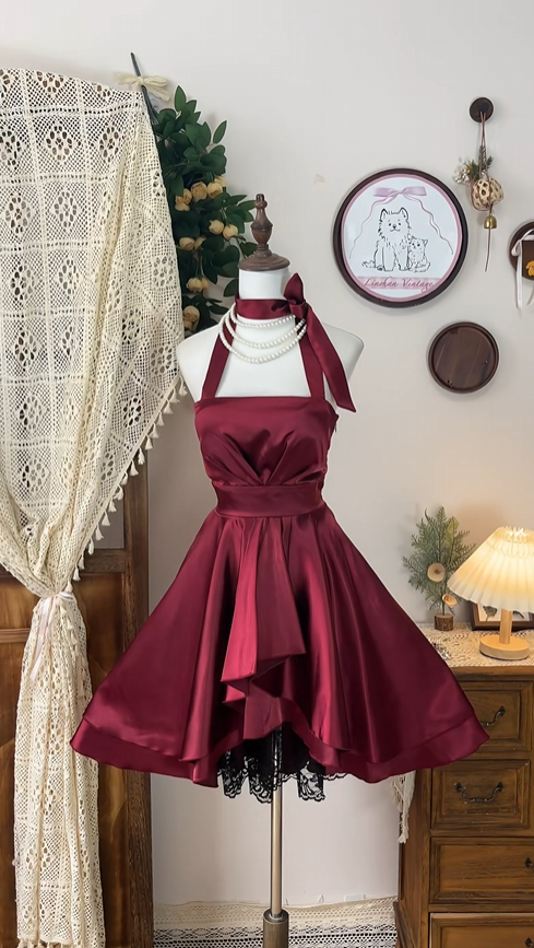 Vintage Romantic Burgundy Design A-line Satin Elegant Homecoming Dress Birthday Dress Party Dress D1651