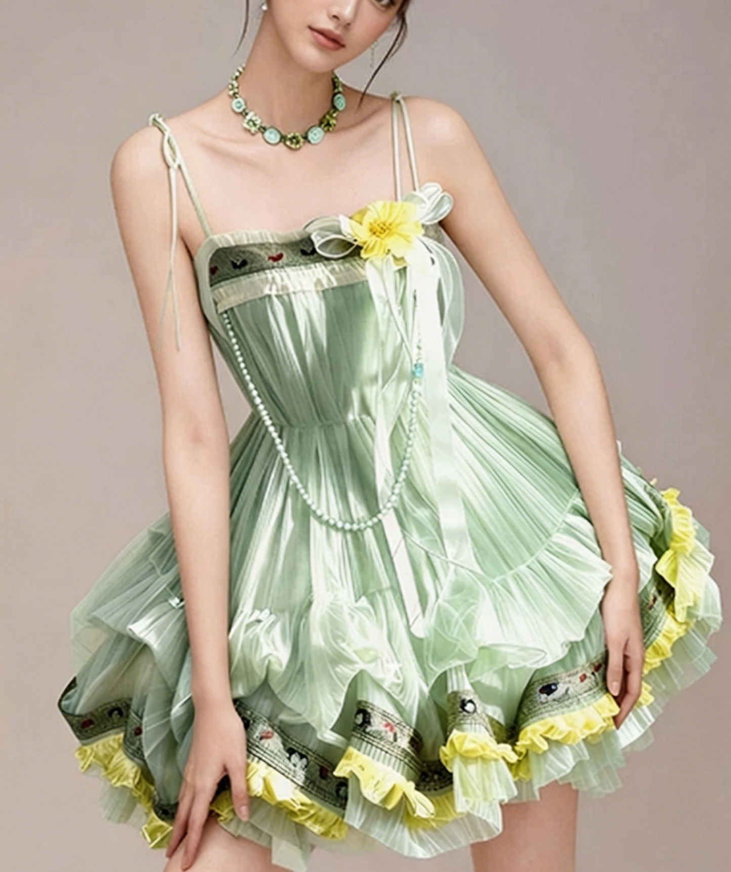 Charming Homecoming Dress Spaghetti Strap Flower Bowknot Pearl Flouncing Cascade Back to School Outfits Party Dress D7375