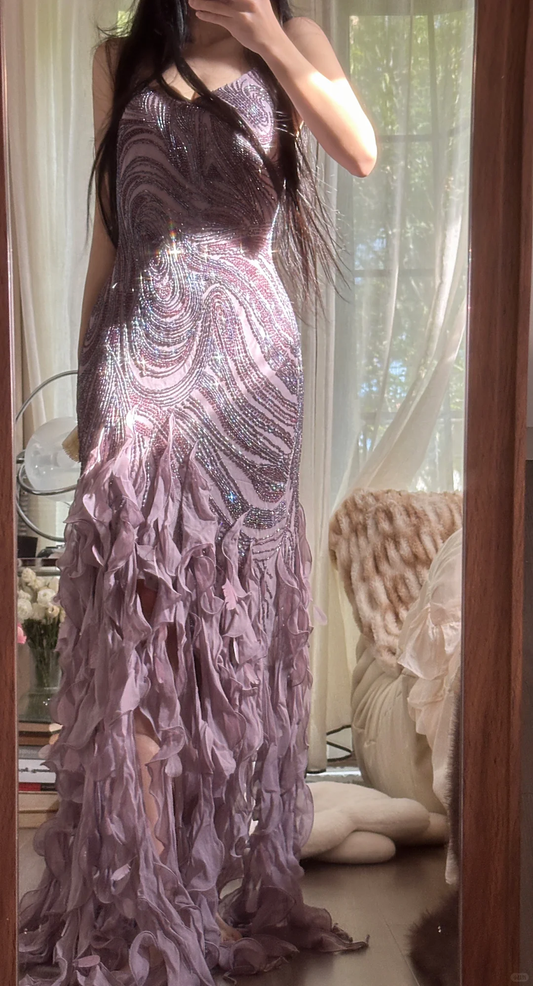 Robe de soirée élégante en mousseline de soie, style vintage violet scintillant, sans bretelles, robe de bal D1491