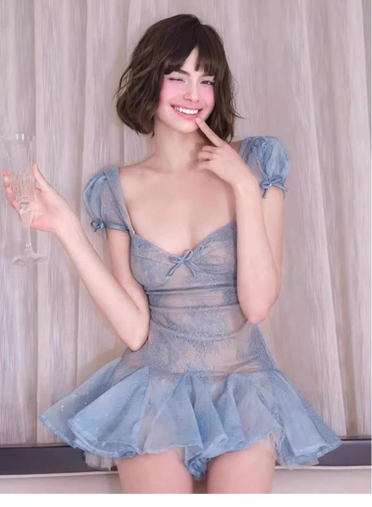 Robe de soirée trapèze en tulle bleu clair à manches courtes, tendance, D1394