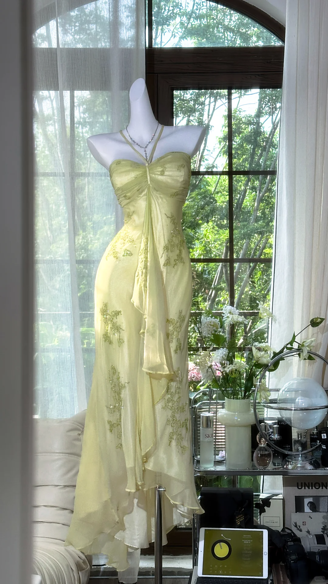 Shiny Light Green Sequined Spaghetti Strap Design Chiffon Prom Dress Evening Dress D1705