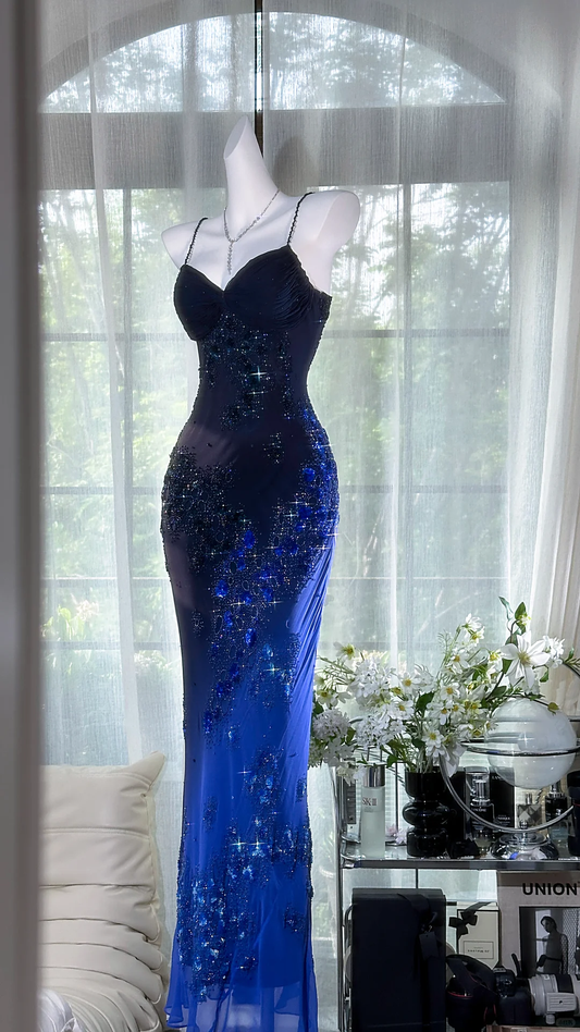 Gorgeous Navy Blue Sparkling Beaded V-neck Elegant Mermaid Chiffon Evening Dress Prom Dresses D1611