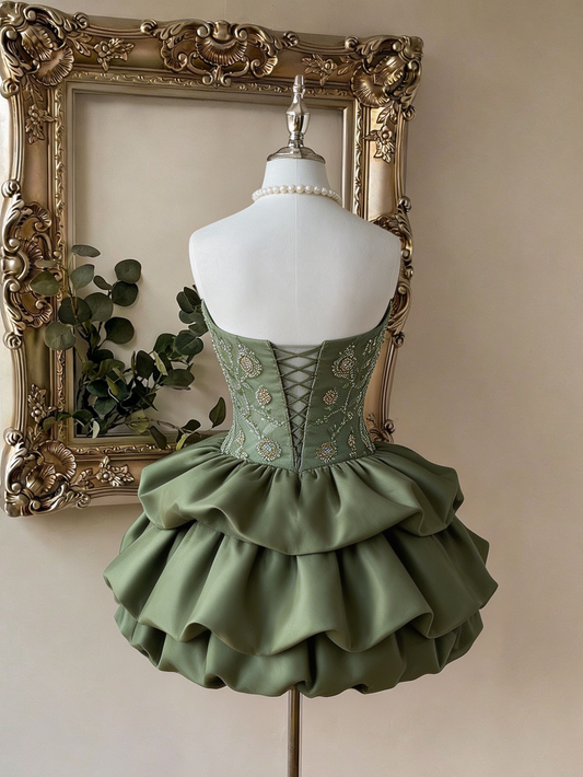 Charming Homecoming Dress Strapless Pleated Cascade Applique Back to School Outfits Party Dress D7395