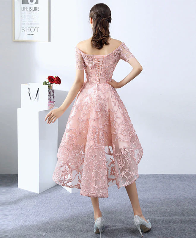 Vintage Pink Applique Off-the-shoulder Design A-line Tulle Party Dress Homecoming Dress D1547