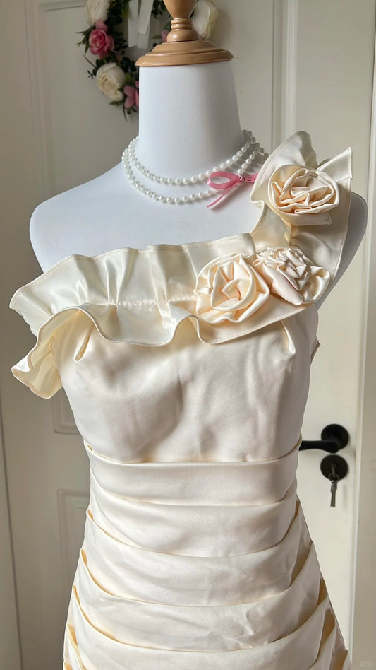 Elegant Homecoming Dress One Shoulder Shirred Flower Back to School Outfits Party Dress D6450
