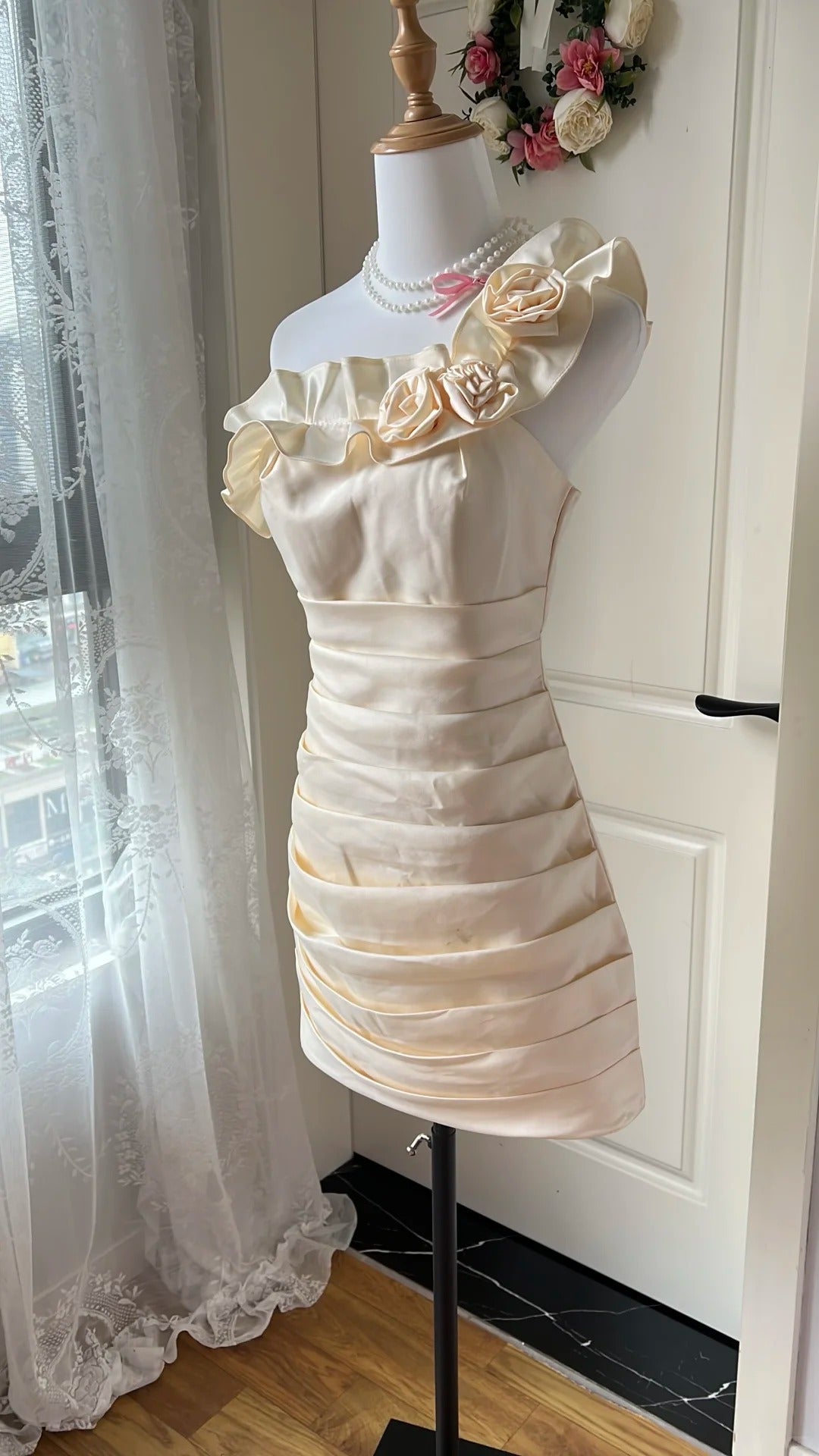 Elegant Homecoming Dress One Shoulder Shirred Flower Back to School Outfits Party Dress D6450