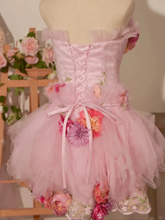 Stunning Homecoming Dress Strapless Flower Tulle Dress Back to School Outfits Party Dress D6403