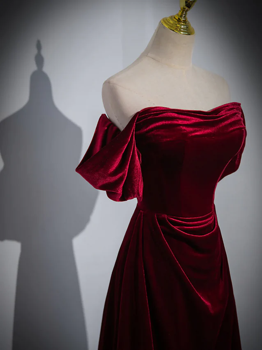Robe de bal longue élégante en velours rouge vin, épaules dénudées, coupe trapèze, MD7345