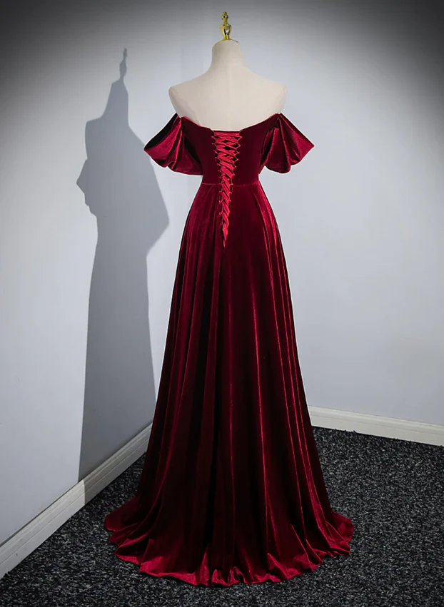 Robe de bal longue élégante en velours rouge vin, épaules dénudées, coupe trapèze, MD7345