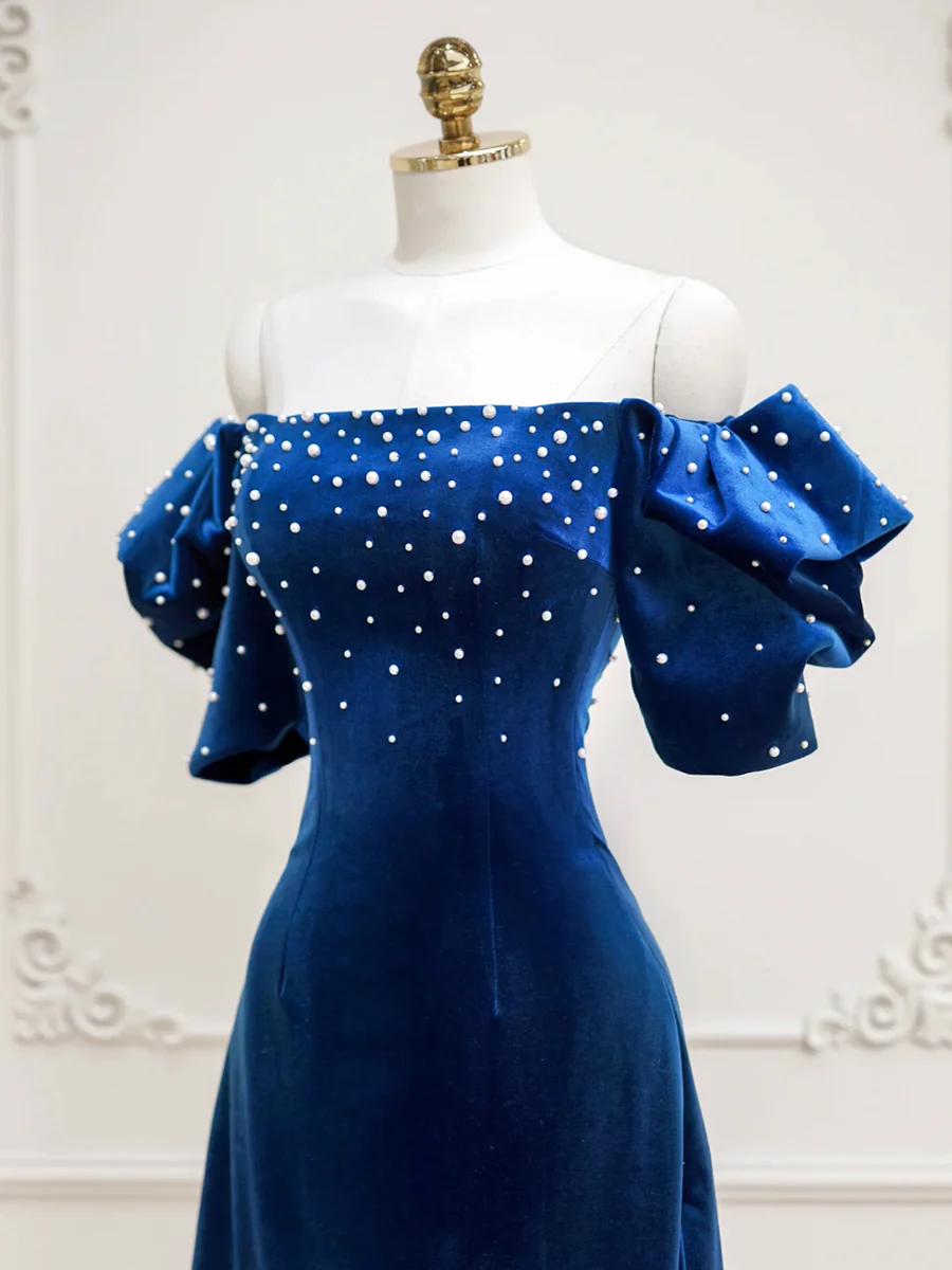 Dark Blue Off Shoulder Midi Cocktail Dress with Pearls MD7203