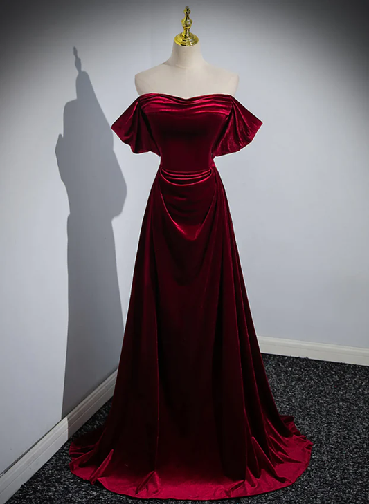 Robe de bal longue élégante en velours rouge vin, épaules dénudées, coupe trapèze, MD7345