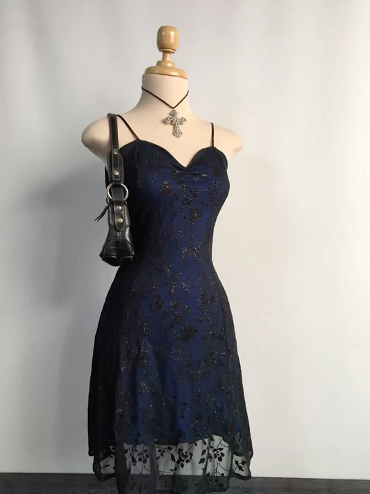 Dunkelmarine Träger A-Linie Chiffon Kurze Partykleider Homecoming Kleider, D1224