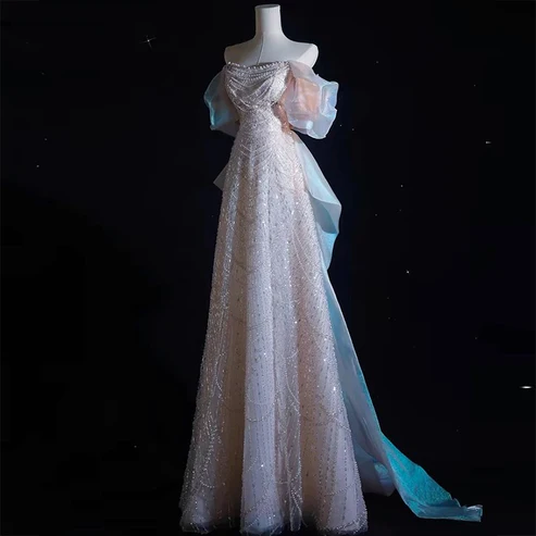 Robe de soirée longue rose clair à épaules dénudées et paillettes, coupe trapèze, MD7407