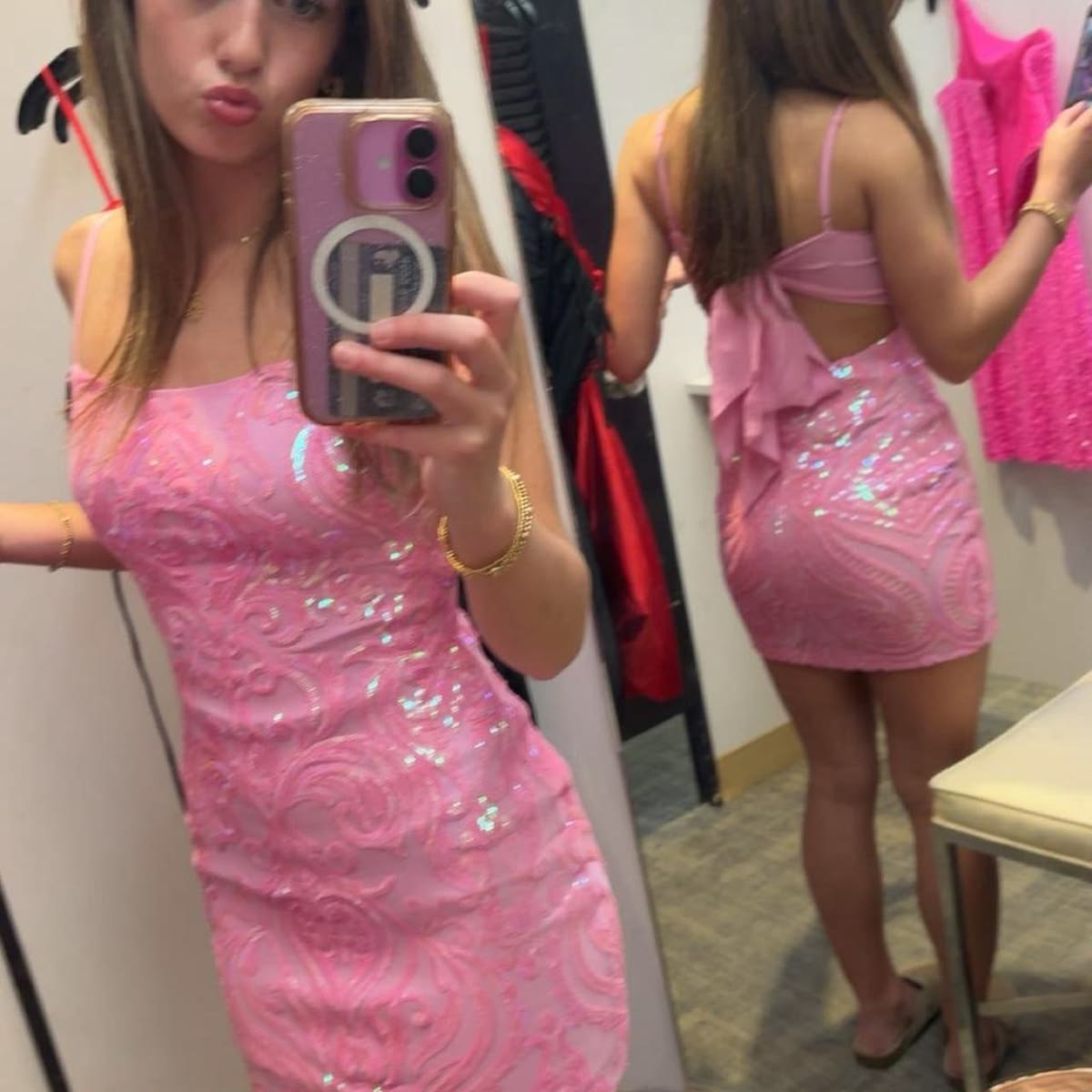 Pretty Homecoming Dress Spaghetti Strap Hugging Sequins Back to School Outfits Party Dress D7012