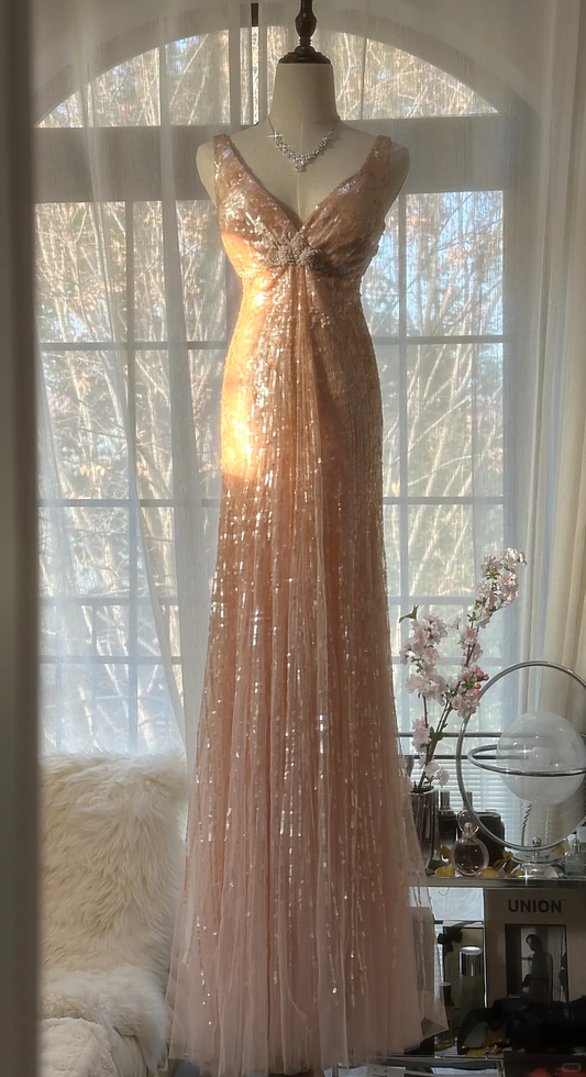 Vintage Champagne Sparkling Sequin Design Romantic Chiffon Evening Dress Prom Dress D1513