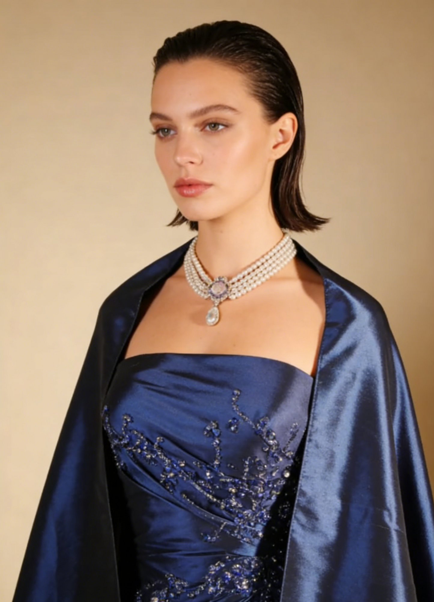 A-Line Navy Blue Strapless Satin Beading Vintage Long Party Dress Evening Dress, D790