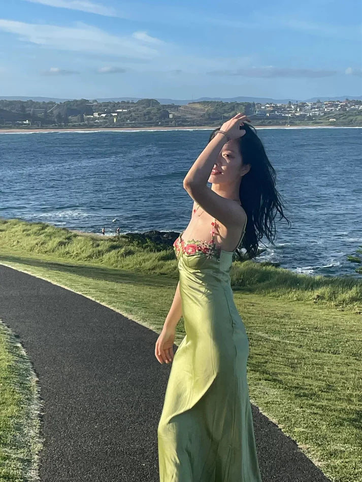 Vintage Green Floral Mermaid Spaghetti Strap Design Satin Prom Dress Evening Dress D1701