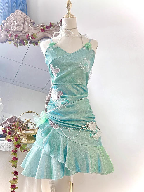 Fashion Mint Green Sparkling Sequin Spaghetti Strap Ruffled Hem Short 16th Birthday Party Dress Homecoming Dress D1529