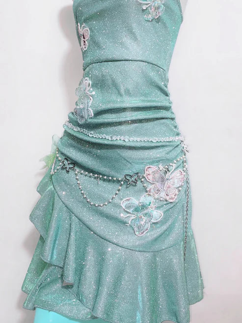 Fashion Mint Green Sparkling Sequin Spaghetti Strap Ruffled Hem Short 16th Birthday Party Dress Homecoming Dress D1529
