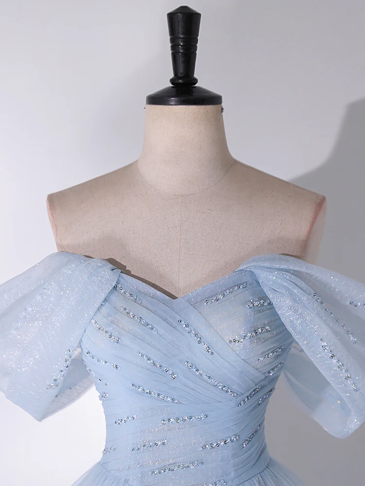 Robe de bal longue bleue en tulle et dentelle, coupe trapèze, épaules dénudées, robe de soirée longue bleue MD7231