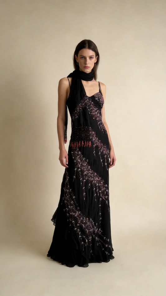Schwarze Spaghettiträger Etuikleid Chiffon Perlen Vintage Lange Abend Party Kleider, D1046