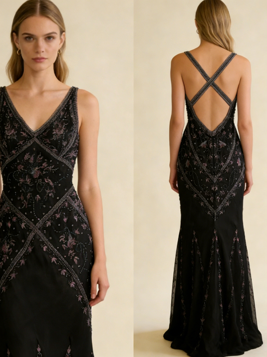 Black V Neck Sheath Beading Vinatge Long party Dress Evening Dresses, D888