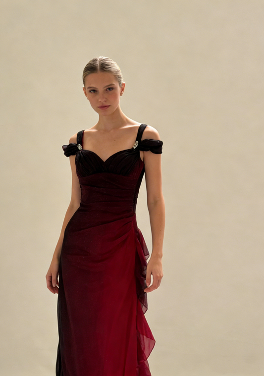 Burgundy Prom Dress A Line Shiny Sweetheart Long Gala Dress Ruffled Evening Gown Birthday Party Dress MD7587