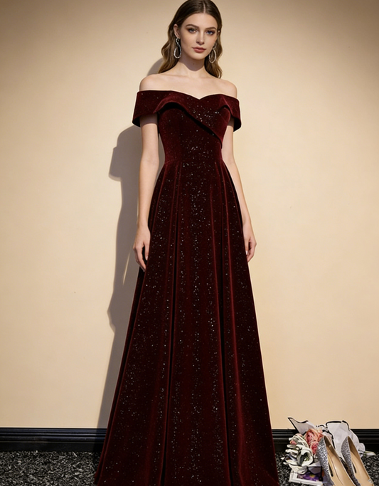 Burgundy velvet long prom dress evening dress M484