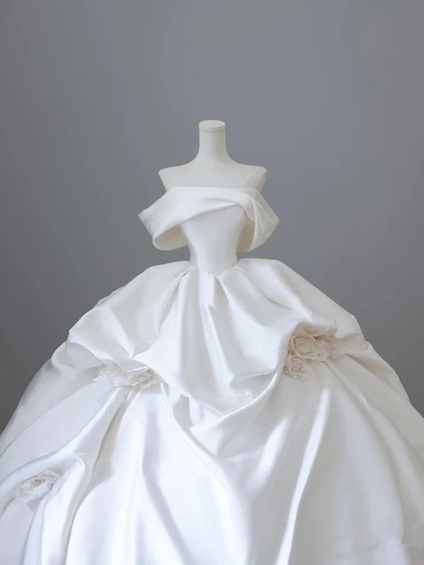 Elegant White Satin Off-the-shoulder Ruffle Ball Gown Design A-Line Wedding Dress, D1584