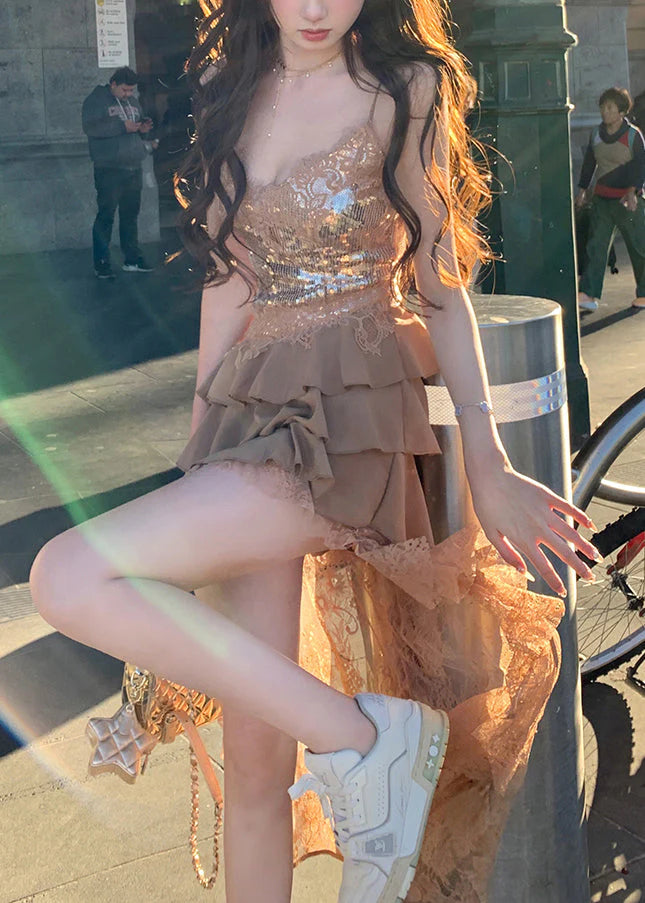 Beautiful Homecoming Dress V Neck Sequins Tulle Lace Hi-Lo Cascade Back to School Outfits Party Dress D7137