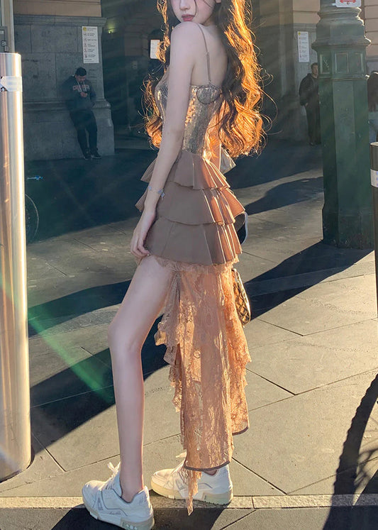 Beautiful Homecoming Dress V Neck Sequins Tulle Lace Hi-Lo Cascade Back to School Outfits Party Dress D7137