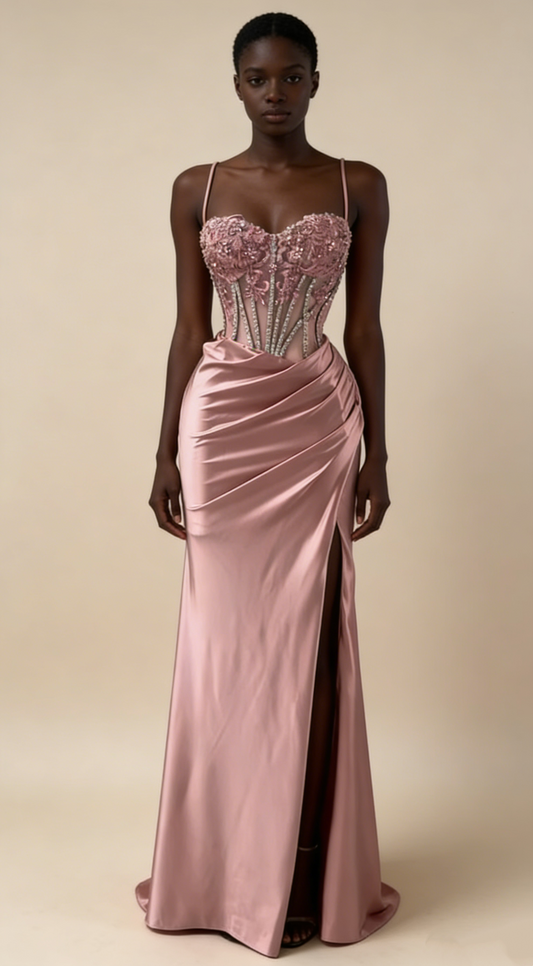Charming Prom Dress Pink Spaghetti Straps Beaded Satin Long Evening Party Dress Birthday Outfits, D1018