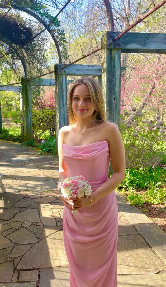 Robe fourreau rose bustier longue pour remise de diplôme, D09