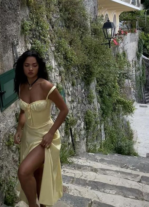 Robe de soirée longue jaune clair coupe trapèze à bretelles, robe d'invitée de mariage, D14