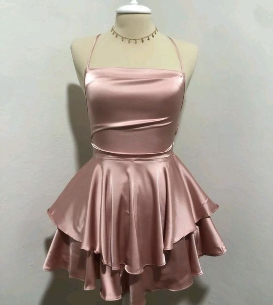 Pink Straps A-Line Satin Simple Homecoming Dress Mini Birthday Outfits – ModelDressy