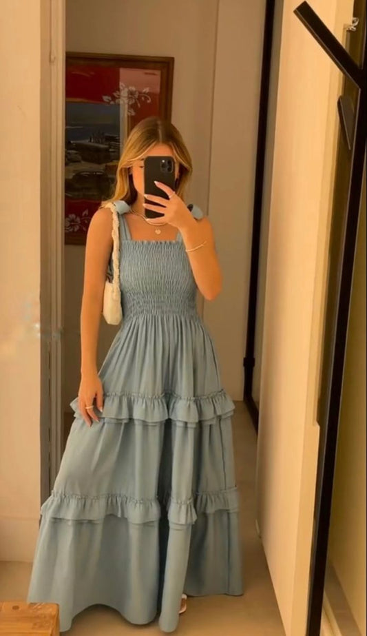 Blaue Träger A-Linie Langes Partykleid Mode Urlaubskleid, D169