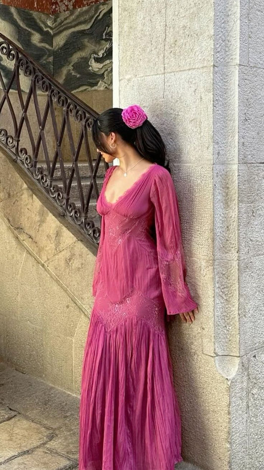 Fuchsia Lange Ärmel V-Ausschnitt Spitze Langes Partykleid Mode Urlaubskleid, D172
