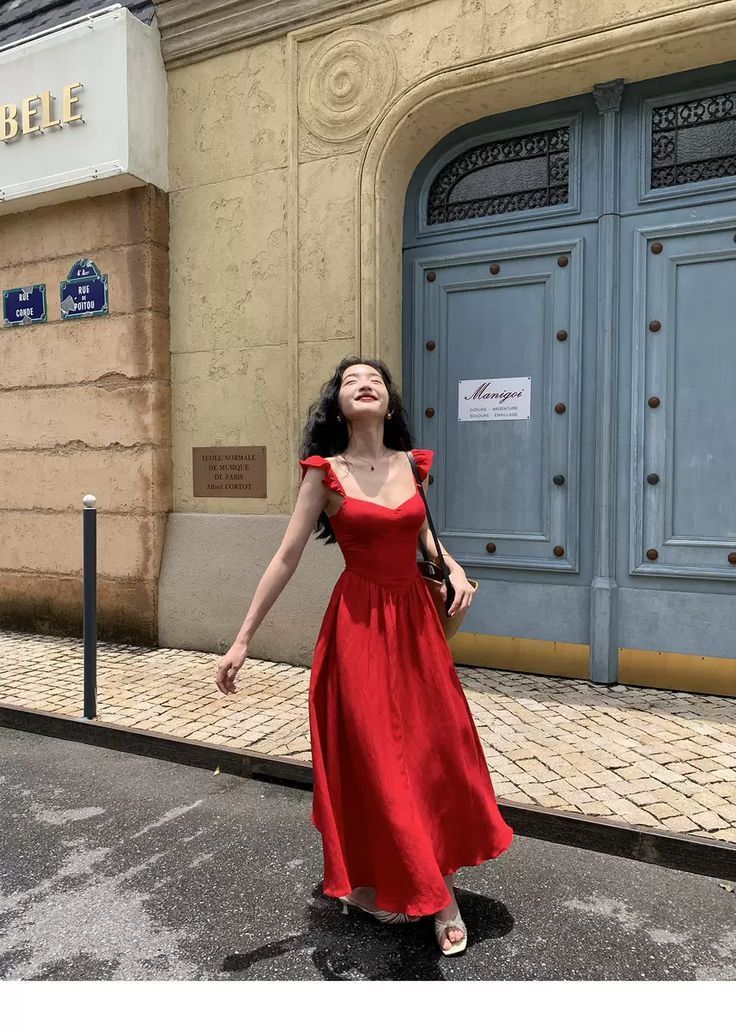 Robe de soirée longue trapèze à bretelles rouges, robe de vacances tendance, D173