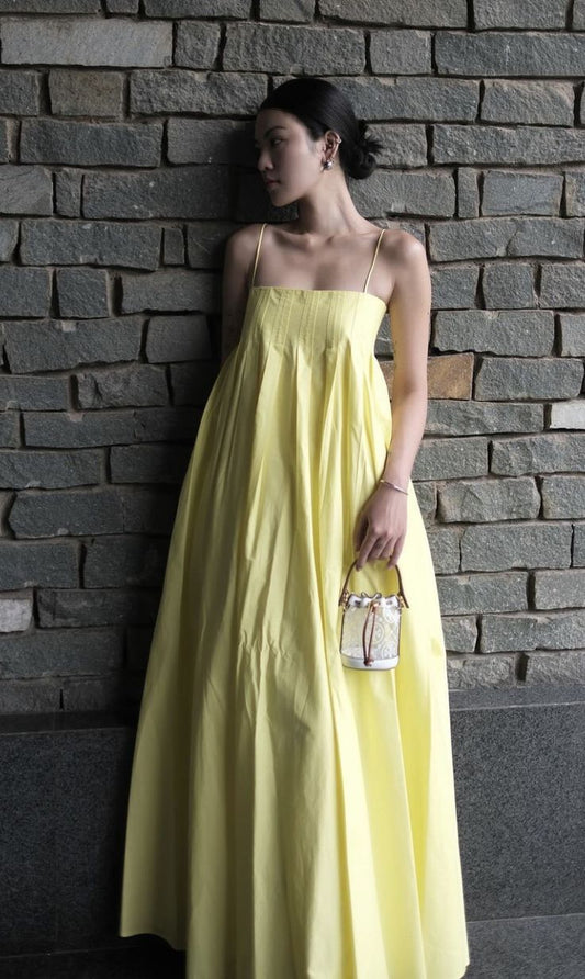 Robe longue de soirée trapèze jaune clair à bretelles, tenue de vacances tendance, D174