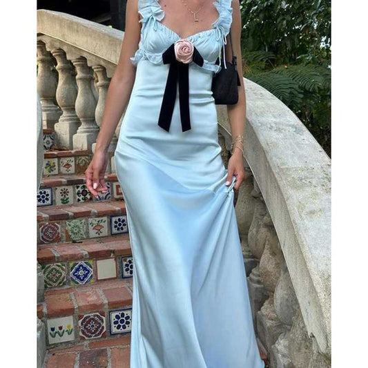 Robe de soirée longue en satin bleu clair à bretelles, coupe trapèze, pour invitée de mariage, D178