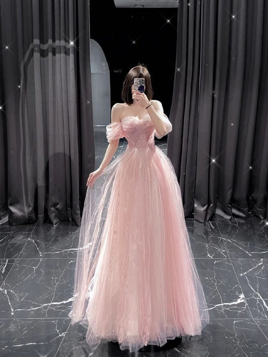 Robe de soirée longue rose en tulle, épaules dénudées, coupe trapèze, D181