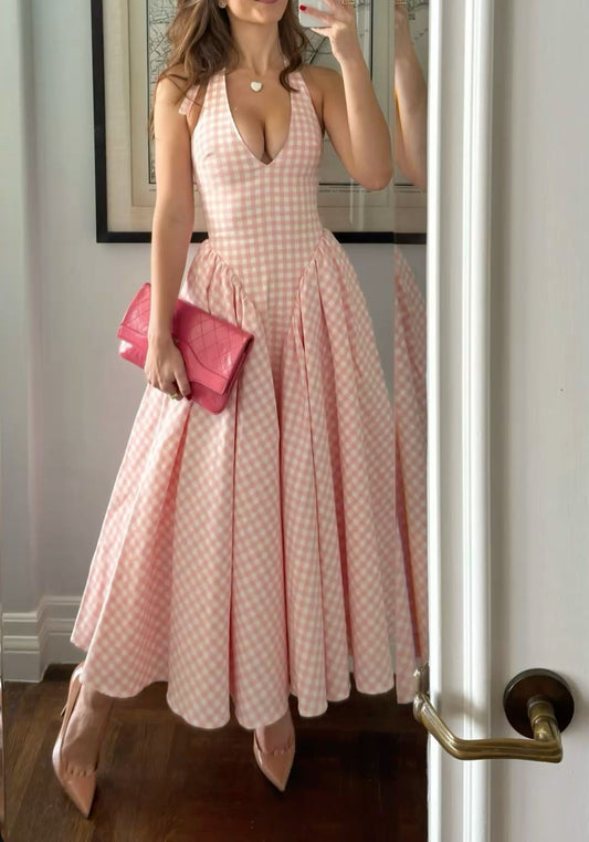 Rosa Neckholder A-Linie Langes Partykleid Schöne Geburtstagsoutfits, D188