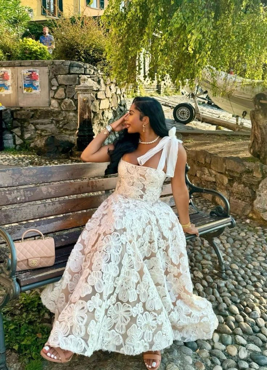 Robe de soirée longue trapèze blanche à bretelles, jolie tenue d'anniversaire, D189