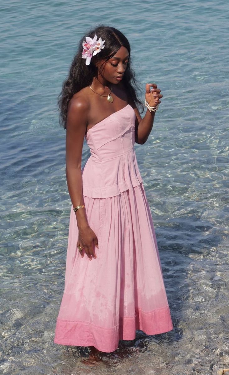 Robe de soirée longue rose sans bretelles, coupe trapèze, tenue de vacances tendance, D190