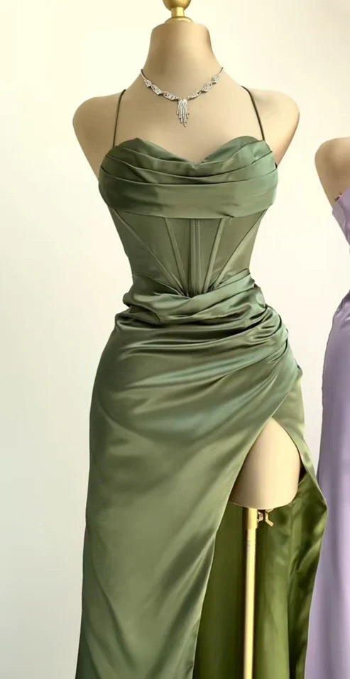 Robe de bal longue fourreau vert sauge à bretelles, tenue simple pour les occasions spéciales, D125