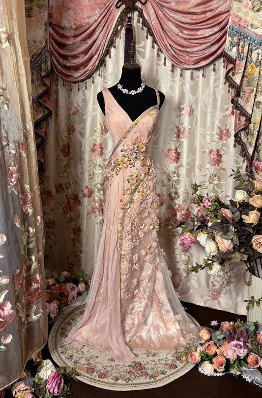 Robe de soirée longue rose élégante à col en V et style sirène, D132