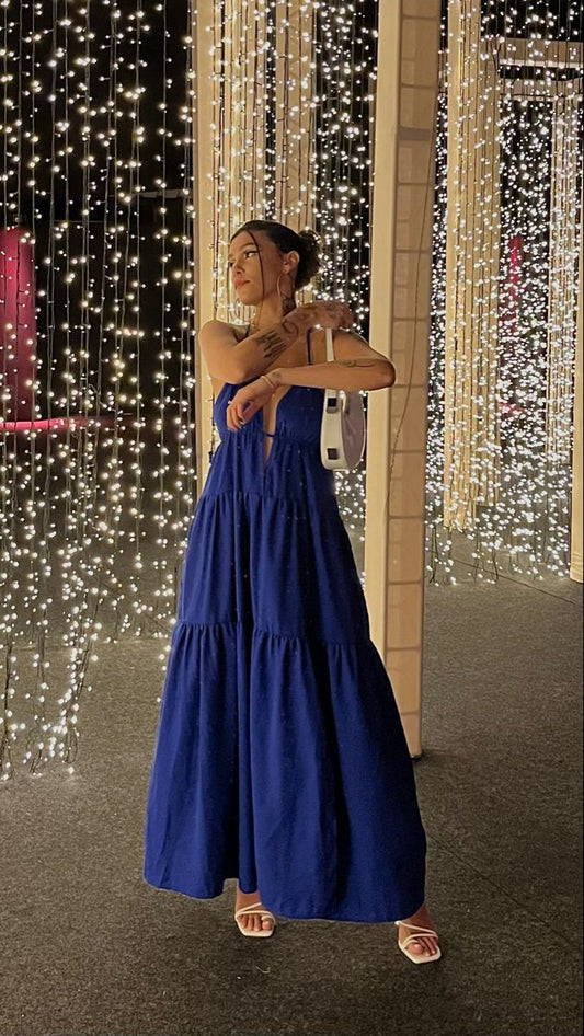 Robe de soirée longue bleue à bretelles et col en V, coupe trapèze, D140