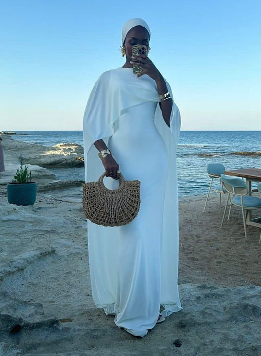 Robe de soirée longue en satin blanc, modeste, D144